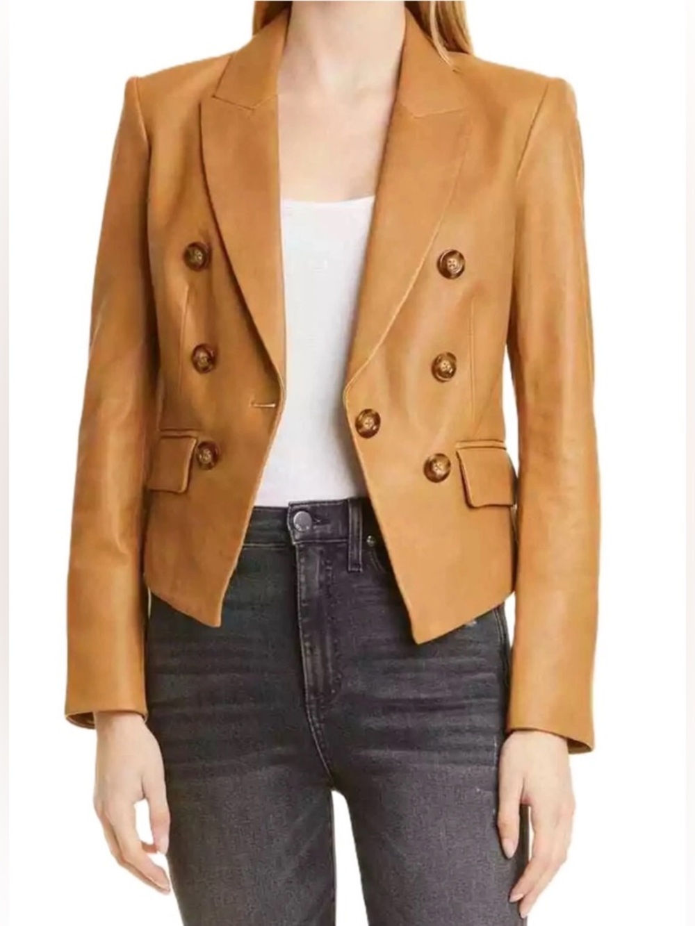 Veronica Beard Brown Cooke Dickey Lambskin Leather Double Breasted Jacket Size 2